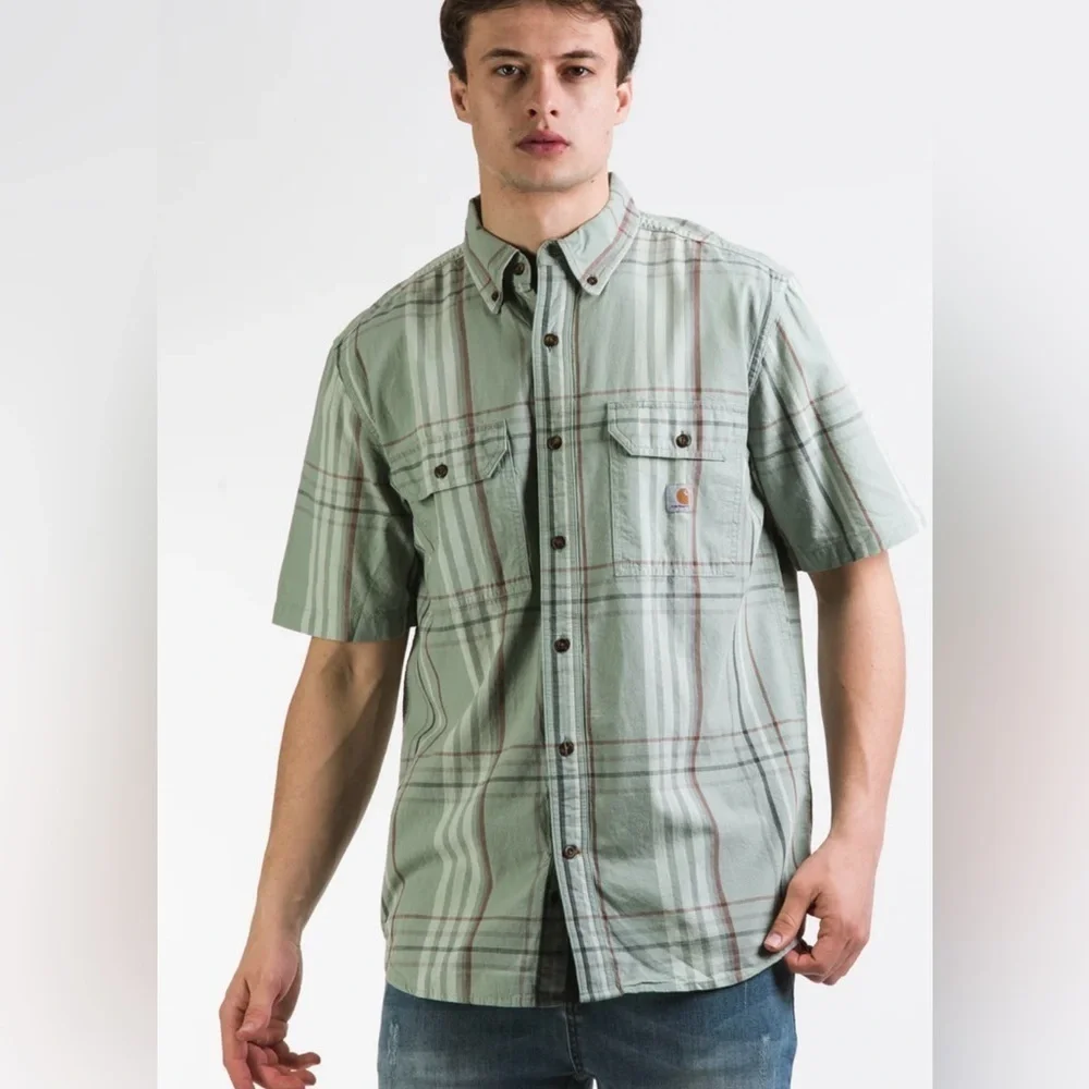 Carhartt Men’s S/S Loose Fit Mid Weight Green Plaid Shirt Workwear Medium